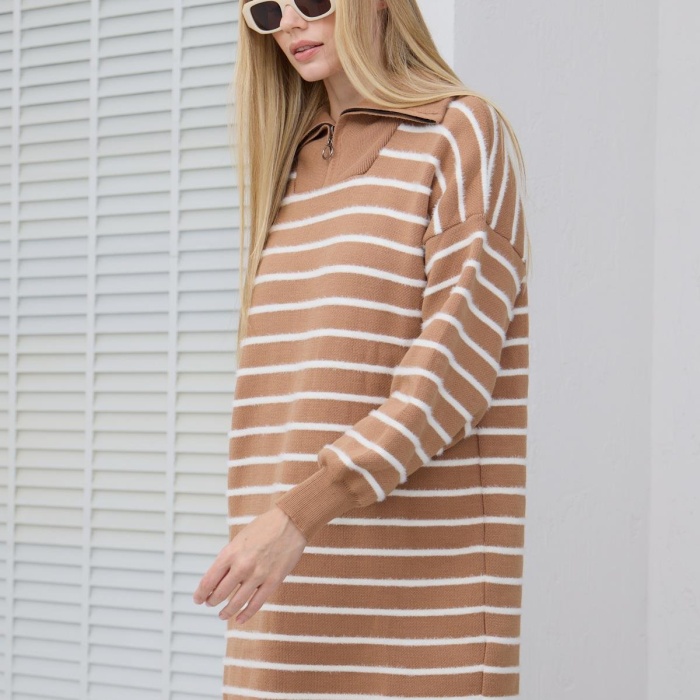 YENİ MOODBASİC KADIN BALIKÇI YAKA ÇİZGİLİ TRİKO KAZAK MB30.33