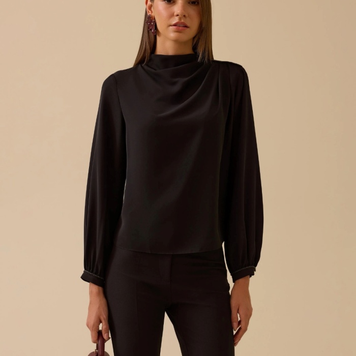 YENİ SEÇİL KADIN dik yaka drape detaylı bluz 10002521810004
