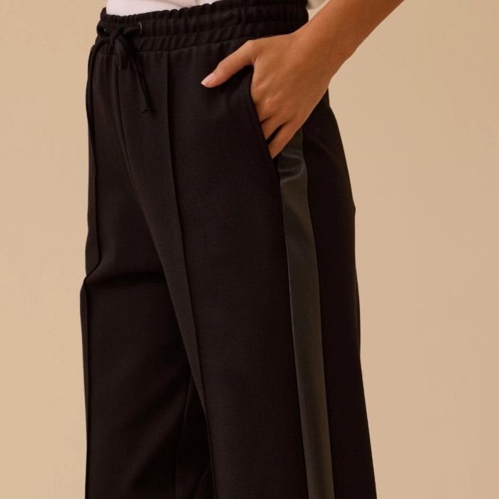 YENİ SEÇİL KADIN suni deri biyeli bol paça pantolon 10002521011015