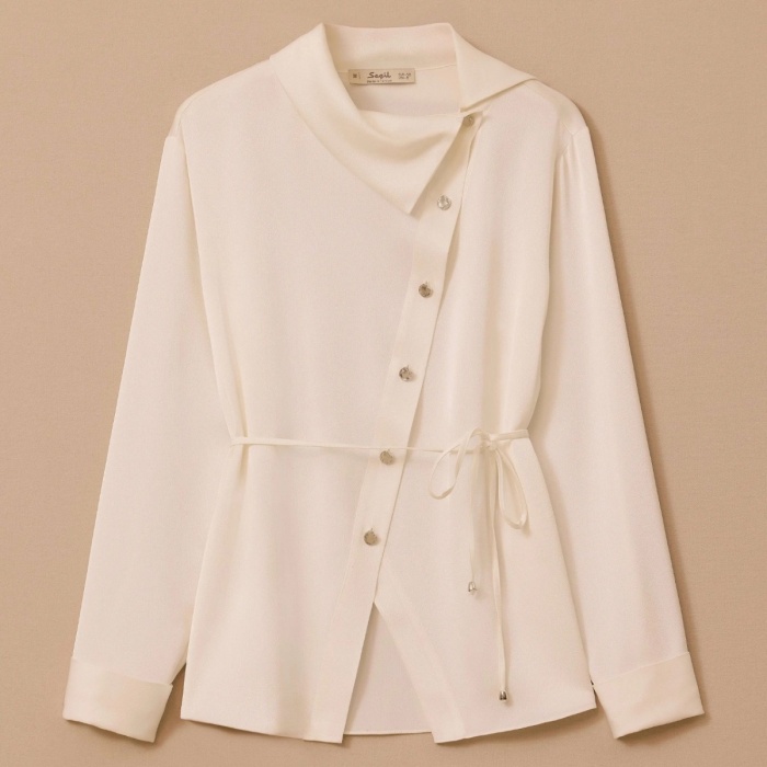YENİ SEÇİL KADIN asimetrik düğmeli kuşaklı gömlek 10002521510009