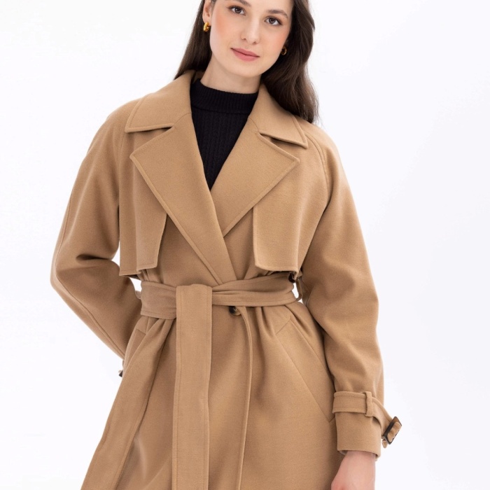 YENİ SEÇİL KADIN KRUVAZE YAKALI KEMERLİ MİDİ BOY KABAN 11231205001002