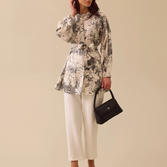 YENİ SEÇİL KADIN desenli kuşaklı jakar gömlek 10002511511015