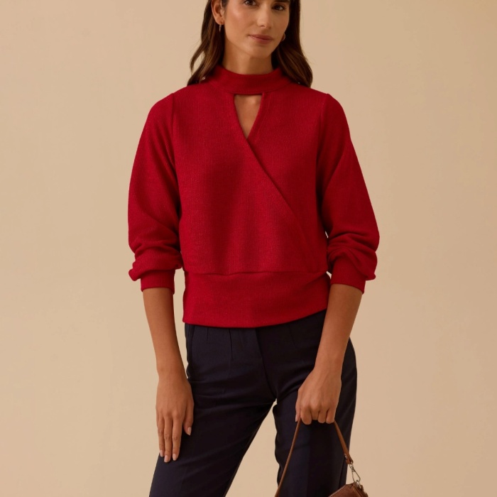 YENİ SEÇİL KADIN pencere detaylı dik yaka triko bluz 10002521710032