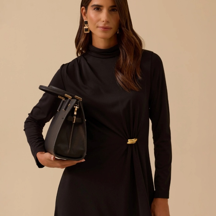 YENİ SEÇİL KADIN metal aksesuarlı drapeli elbise 10002521311028