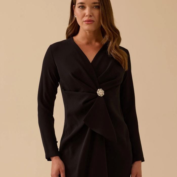 YENİ SEÇİL KADIN taş detaylı drapeli midi boy şık elbise 30002521318003