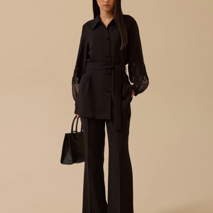 YENİ SEÇİL KADIN nakış i̇şlemeli kol detaylı kuşaklı ceket 10002521111004