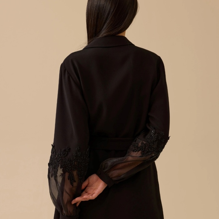 YENİ SEÇİL KADIN nakış i̇şlemeli kol detaylı kuşaklı ceket 10002521111004