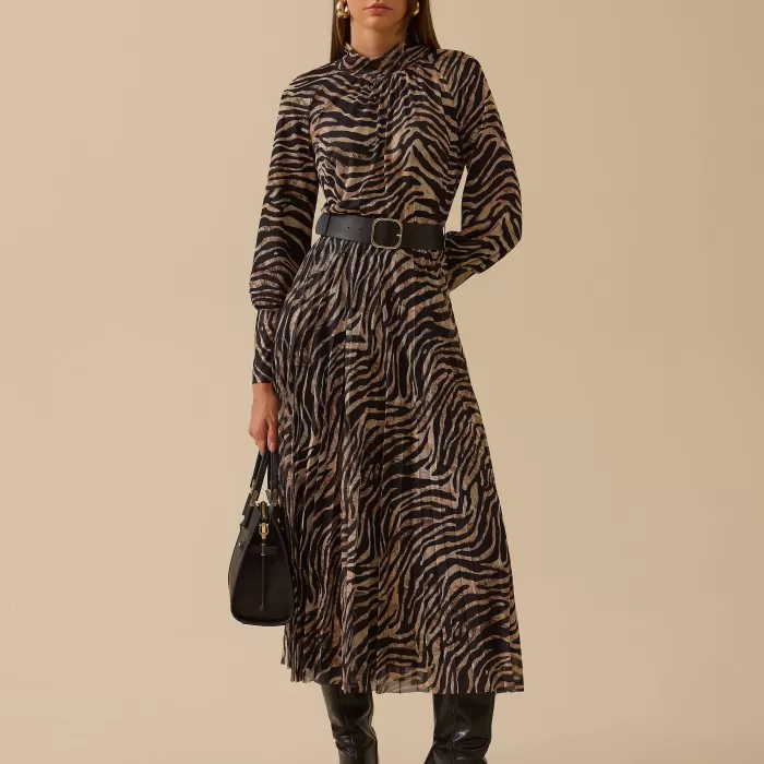 YENİ SEÇİL KADIN zebra desenli kemerli elbise 10002521310016