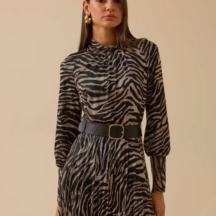 YENİ SEÇİL KADIN zebra desenli kemerli elbise 10002521310016