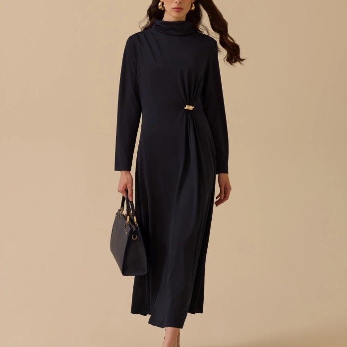 YENİ SEÇİL KADIN metal aksesuarlı drapeli elbise 10002521311028