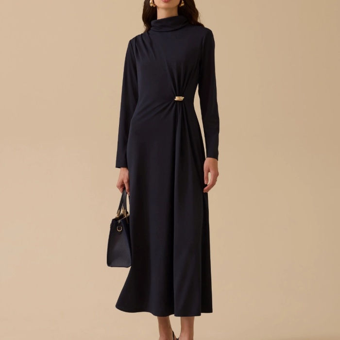 YENİ SEÇİL KADIN metal aksesuarlı drapeli elbise 10002521311028