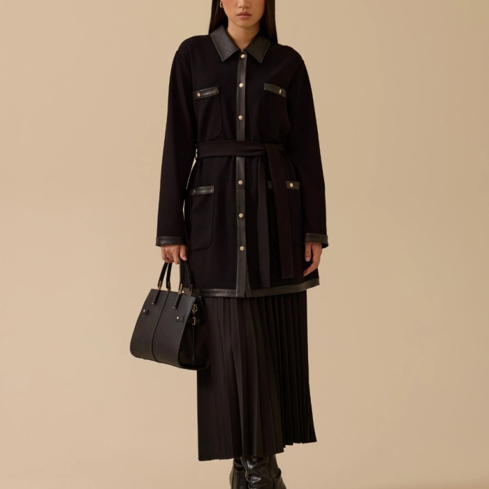 YENİ SEÇİL KADIN kuşaklı suni deri garnili düğmeli ceket 10002521111007