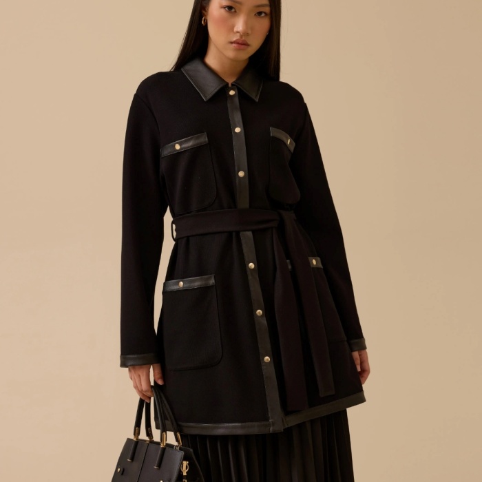 YENİ SEÇİL KADIN kuşaklı suni deri garnili düğmeli ceket 10002521111007