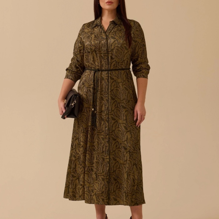 YENİ SEÇİL KADIN büyük beden kuşaklı desenli elbise 10002521314011