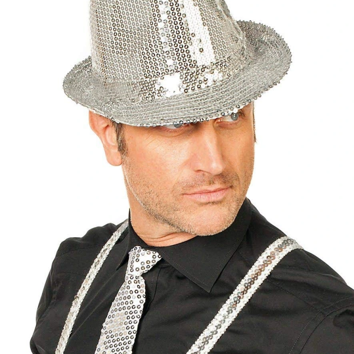 Disko Star Gümüş Payetli Fötr Şapka Yetişkin Boy