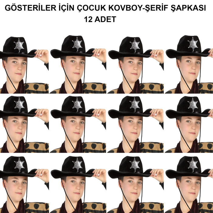 Kovboy Şerif Şapkası Siyah 12 Adet - Kostüm, Parti Ve Gösteri Şapkası