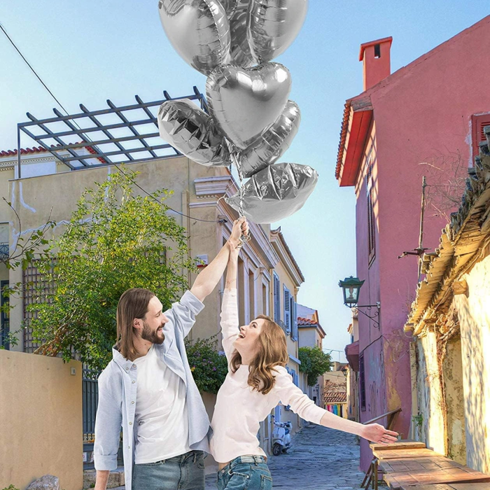 Metalize Parlak Gümüş Kalp Şekilli Uçan Balon Folyo 18 İnç 45 Cm 10 Adet