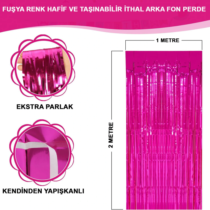 Fuşya Renk Ekstra Metalize Parlak Saçaklı Arka Fon Perde İthal A Kalite 1x2 Metre