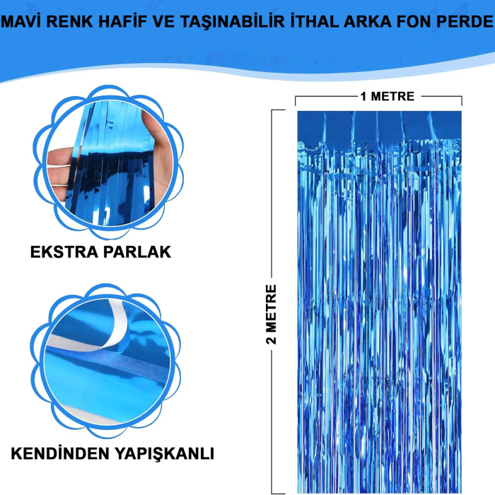 Mavi Renk Ekstra Metalize Parlak Saçaklı Arka Fon Perde İthal A Kalite 1x2 Metre