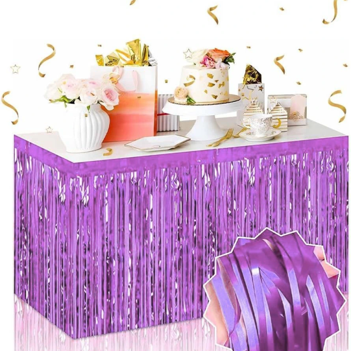 Kendinden Yapışkanlı Mor Metalize Püsküllü Masa Eteği – 75 X 275 Cm Parti Süslemesi