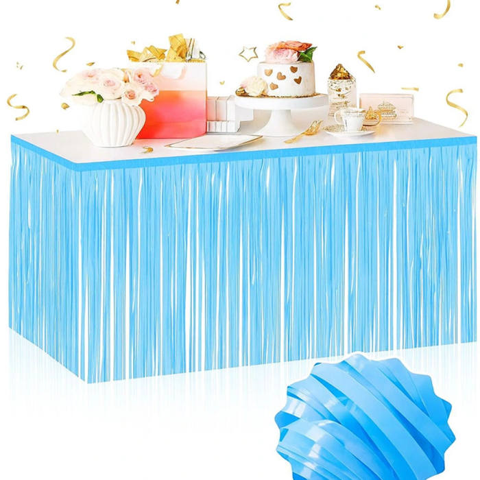 Kendinden Yapışkanlı Makaron Mavi Püsküllü Masa Eteği – 75 X 275 Cm Parti Süslemesi