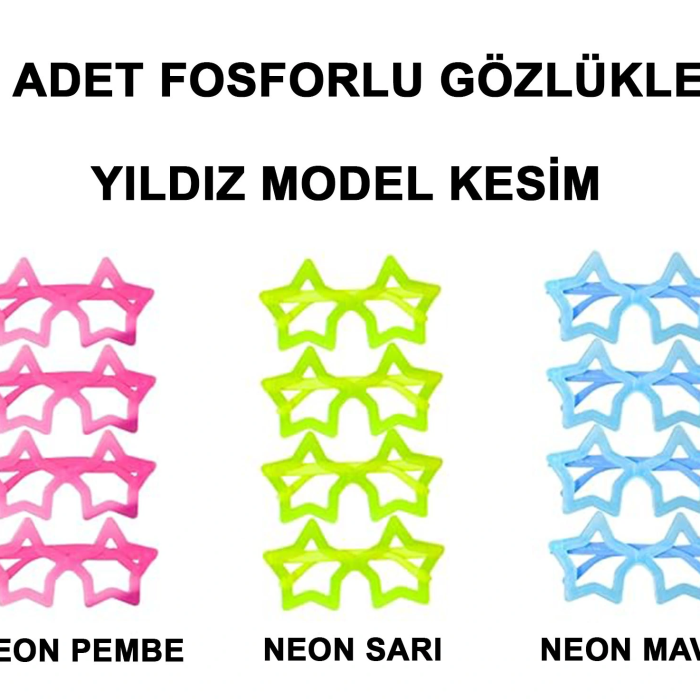 Fosforlu Yıldız Model Glow Parti Gözlüğü Karanlıkta Yanan Gözlükler 12 Adet
