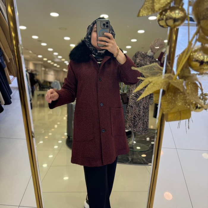 YENİ Yaqa KADIN KAHVERENGİ KÜRK DETAYLI KAHVERENGİ KAP 21015