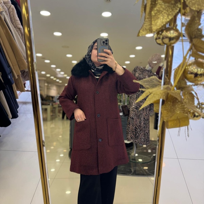 YENİ Yaqa KADIN KAHVERENGİ KÜRK DETAYLI KAHVERENGİ KAP 21015