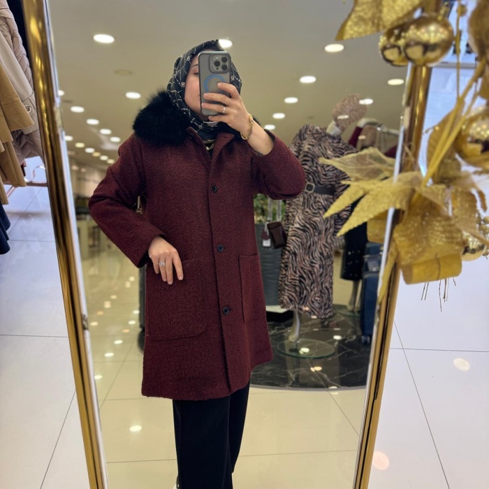 YENİ Yaqa KADIN KAHVERENGİ KÜRK DETAYLI KAHVERENGİ KAP 21015