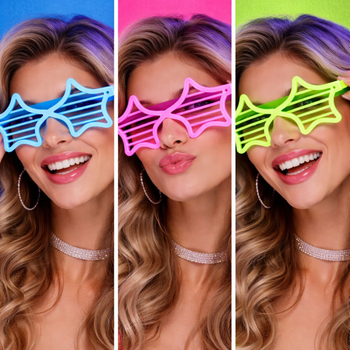 Retro Neon Fosforlu Yıldız Panjur Gözlük 12 Adet – 80’ler 90’lar Parti Stili