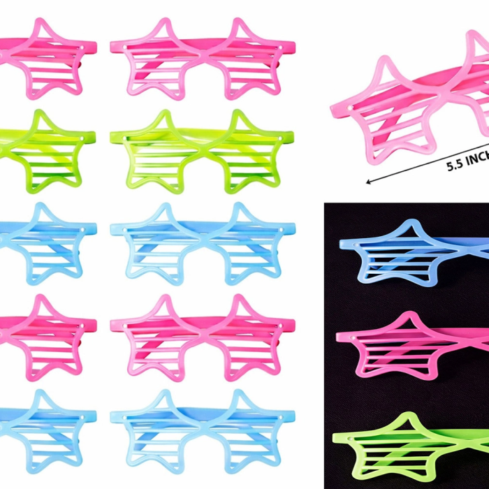 Retro Neon Fosforlu Yıldız Panjur Gözlük 12 Adet – 80’ler 90’lar Parti Stili