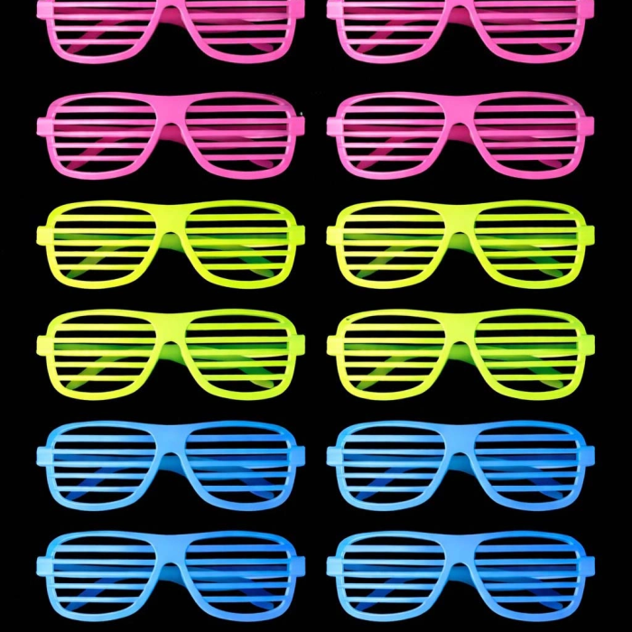 Retro Neon Fosforlu Panjur Gözlük 12 Adet – 80’ler 90’lar Parti Stili
