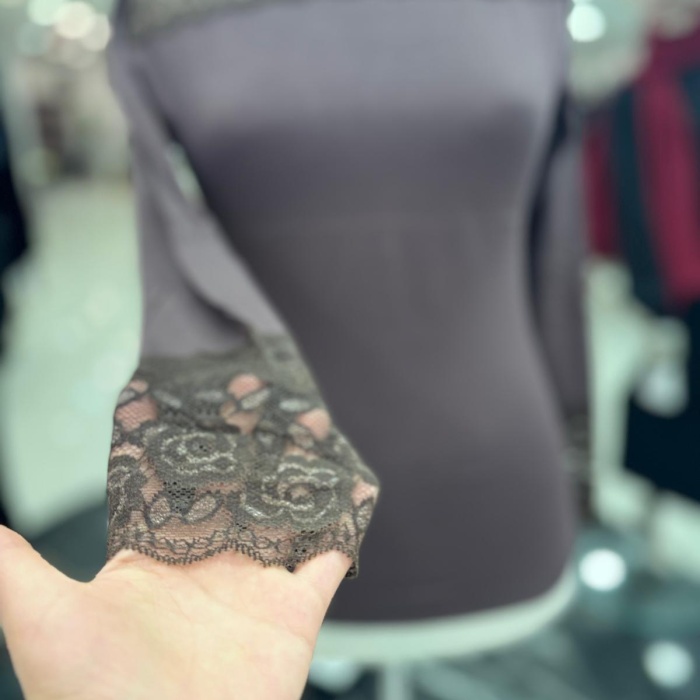 ENSAR GİYİM KADIN Dantelli Balıkçı Yaka Uzun Kol Likralı Penye Mevsimlik Uzun Kol Body