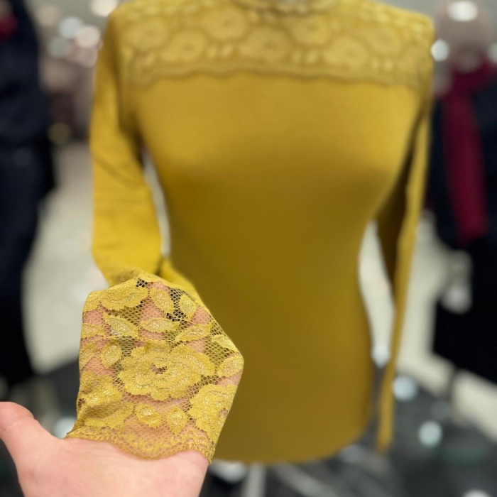 ENSAR GİYİM KADIN Dantelli Balıkçı Yaka Uzun Kol Likralı Penye Mevsimlik Uzun Kol Body