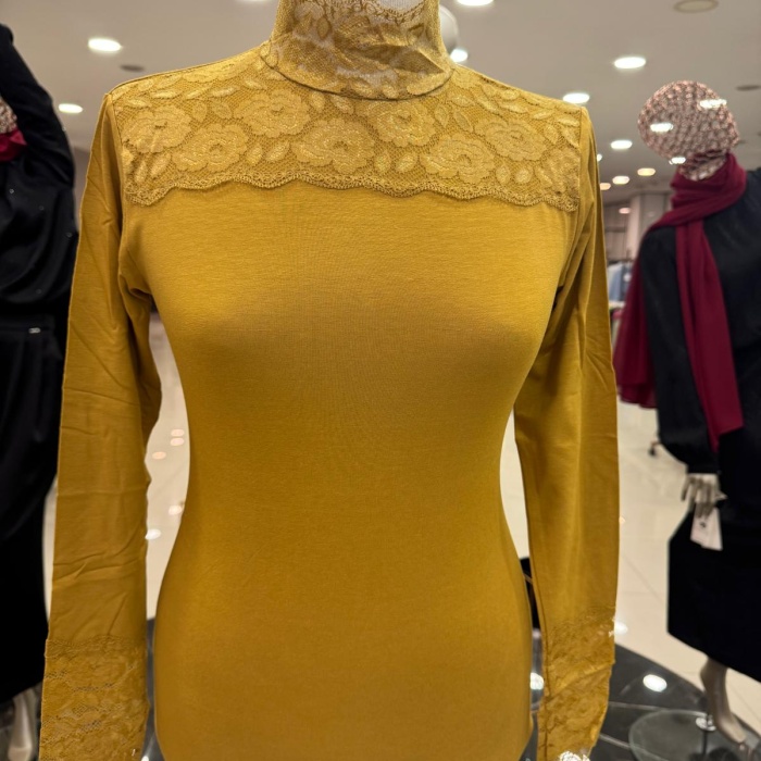 ENSAR GİYİM KADIN Dantelli Balıkçı Yaka Uzun Kol Likralı Penye Mevsimlik Uzun Kol Body