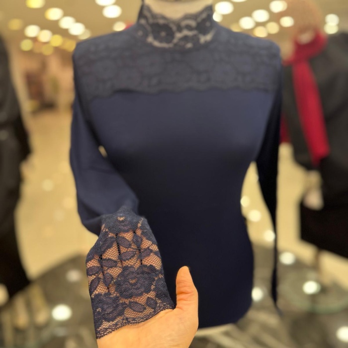 ENSAR GİYİM KADIN Dantelli Balıkçı Yaka Uzun Kol Likralı Penye Mevsimlik Uzun Kol Body