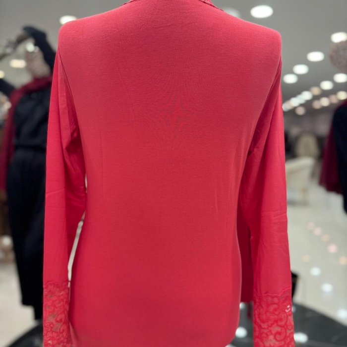 ENSAR GİYİM KADIN Dantelli Balıkçı Yaka Uzun Kol Likralı Penye Mevsimlik Uzun Kol Body