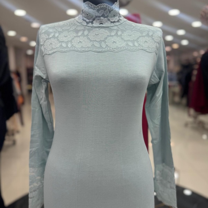 ENSAR GİYİM KADIN Dantelli Balıkçı Yaka Uzun Kol Likralı Penye Mevsimlik Uzun Kol Body