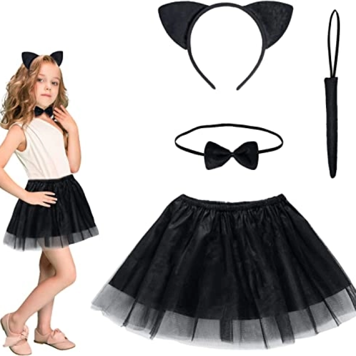 Kedi Eteği Tacı Kuyruğu Ve Papyon Seti Siyah Renk Çocuk Boy