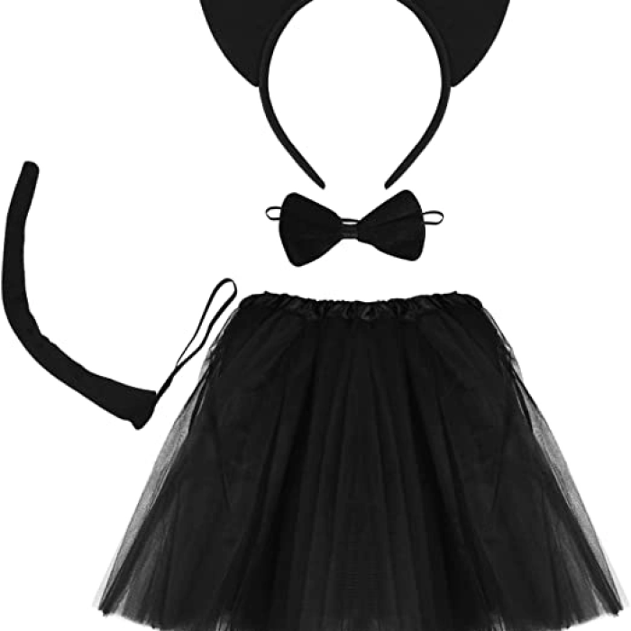 Kedi Eteği Tacı Kuyruğu Ve Papyon Seti Siyah Renk Çocuk Boy