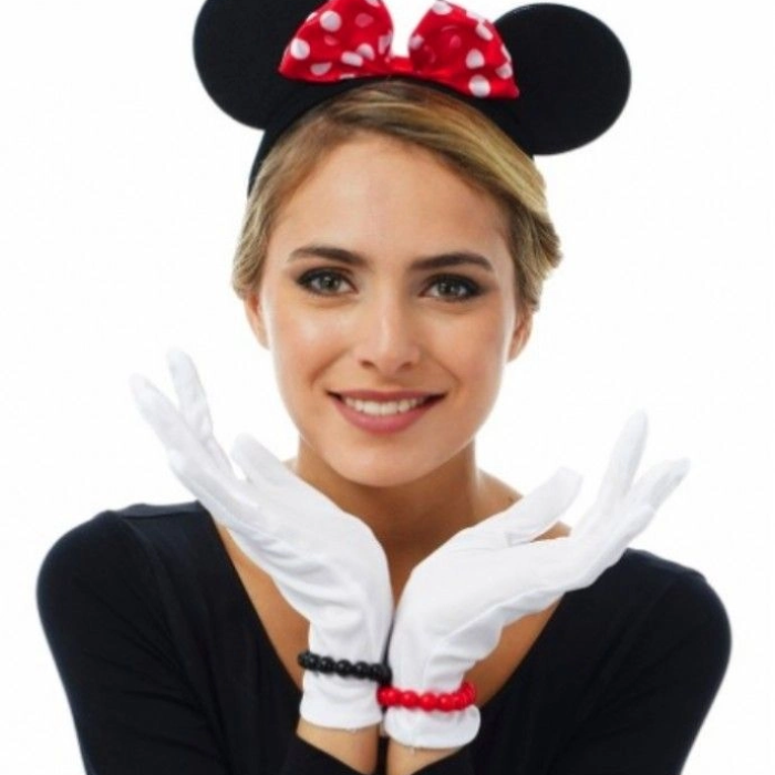 Kırmızı Fiyonklu Minnie Mouse Tacı Ve Beyaz Eldiven Seti