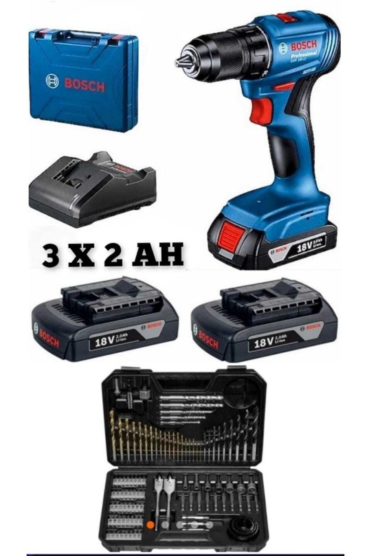 Bosch Professional GSB 185-LI 3 x 2.0Ah Üç Akülü Darbeli Matkap - 06019K3100 + Bosch V-Line Matkap & Vidalama Karışık Aksesuar Seti 103 Parça - 2607017367