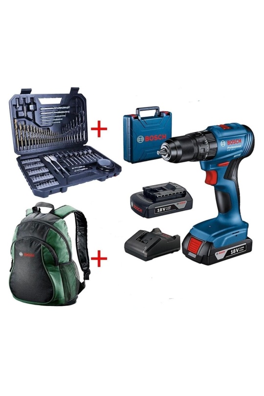Bosch Professional GSB 185-LI 2 x 2.0Ah Çift Akülü Darbeli Matkap - 06019K3100 + Bosch V-Line Matkap & Vidalama Karışık Aksesuar Seti 103 Parça - 2607017367 + Bosch Sırt Çantası (Yeşil)