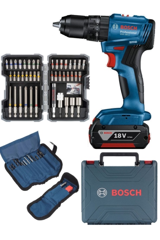 Bosch Professional GSB 185-Li 2.0 Ah Tek Akülü Kömürsüz Motor Darbeli Matkap + 23 Parça Aksesuar Set - 06019K3102 + Bosch Professional 43 Parça Vidalama Ucu Seti -2607017164