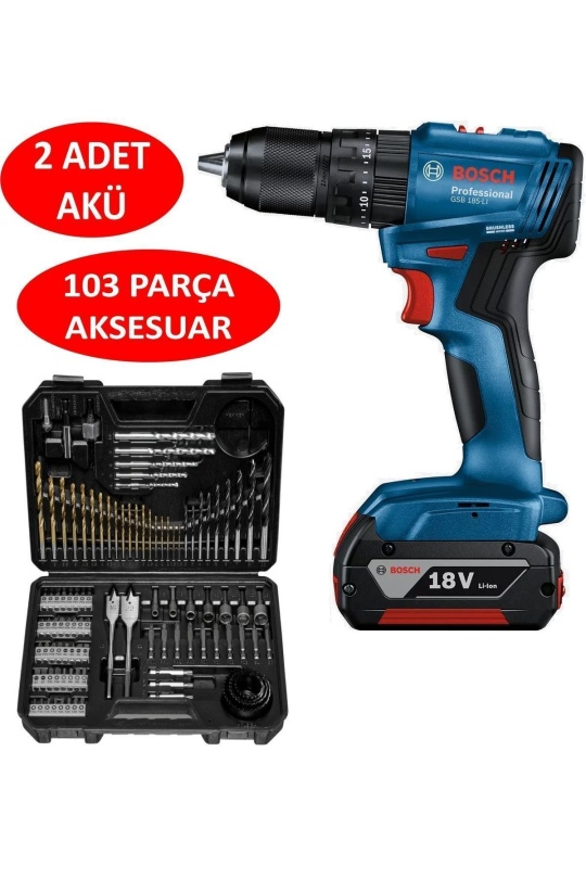 Bosch Professional GSB 185-LI 2 x 2.0Ah Çift Akülü Darbeli Matkap - 06019K3100 + Bosch V-Line Matkap & Vidalama Karışık Aksesuar Seti 103 Parça - 2607017367