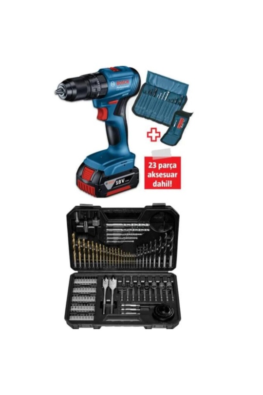Bosch Professional GSB 185-Li 2.0 Ah Tek Akülü Kömürsüz Motor Darbeli Matkap + 23 Parça Aksesuar Set - 06019K3102 + Bosch V-Line Matkap & Vidalama Karışık Aksesuar Seti 103 Parça - 2607017367