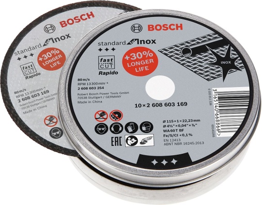 Bosch - 115*1,0mm Standard Seri Düz Inox (Paslanmaz Çelik) Kesme Diski (Taş) - Rapido 10lu 2608603254