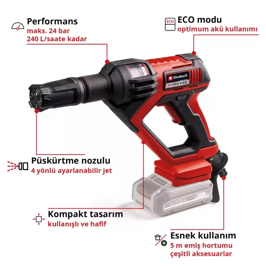 Einhell HYPRESSO 18/24-1, Akülü Yüksek Basınçlı Yıkama Makinası 18V 2 x 2.5 Ah + Şarj Cihazı