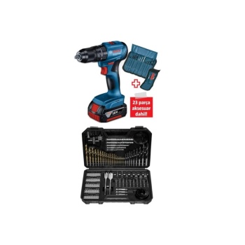 Bosch Professional GSB 185-Li 2.0 Ah Tek Akülü Kömürsüz Motor Darbeli Matkap + 23 Parça Aksesuar Set - 06019K3102 + Bosch V-Line Matkap & Vidalama Karışık Aksesuar Seti 103 Parça - 2607017367