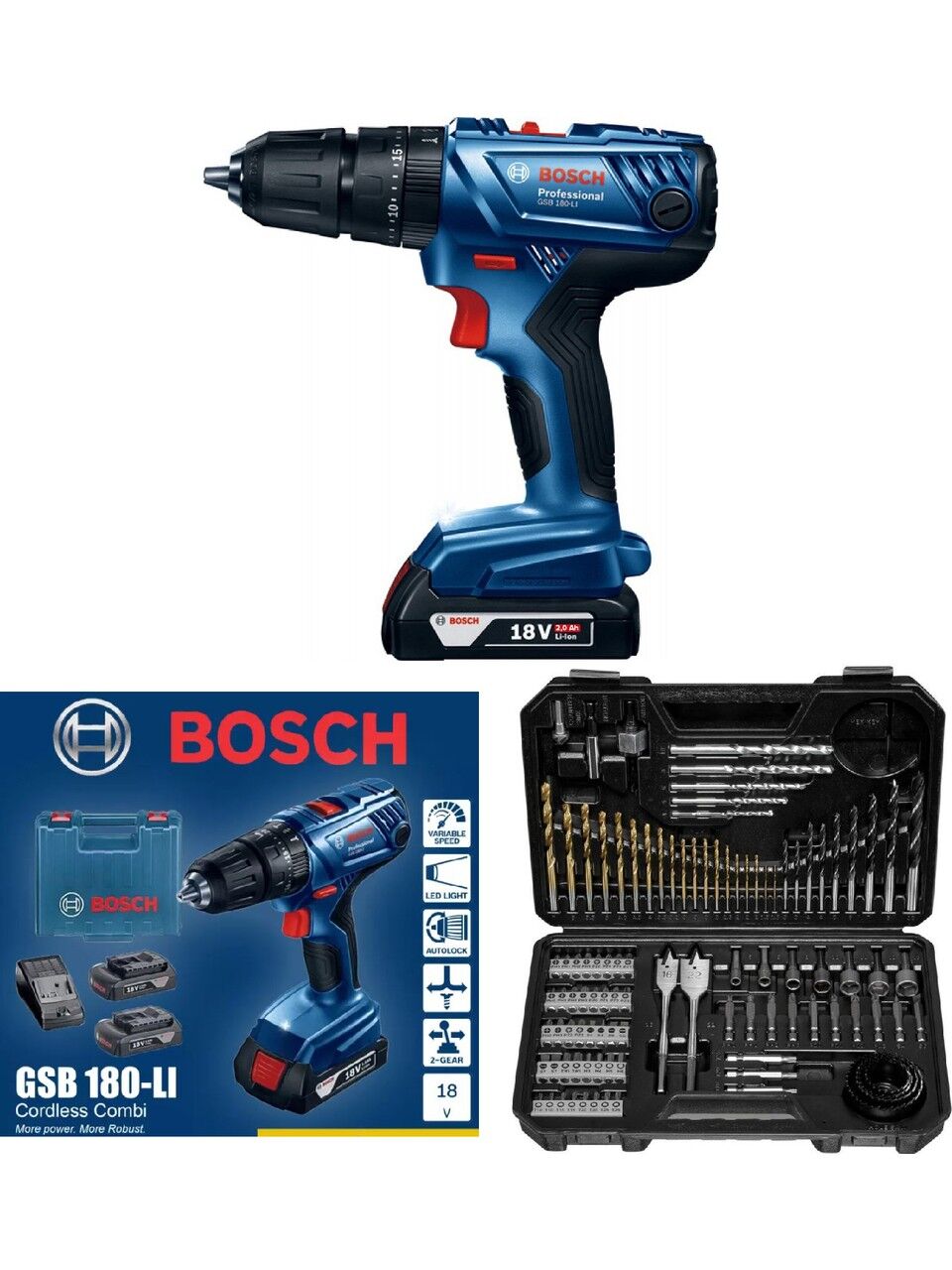Bosch GSB 180 Li 18V 2Ah Tek Akülü Darbeli Matkap - 06019F8309 + Bosch V-Line Matkap & Vidalama Karışık Aksesuar Seti 103 Parça - 2607017367